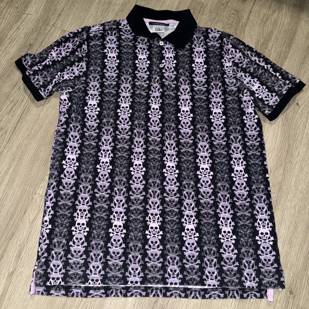 Psycho Bunny Polo Shirt Mens 5 M Black Purple Skull Logo All Over Print Hudson